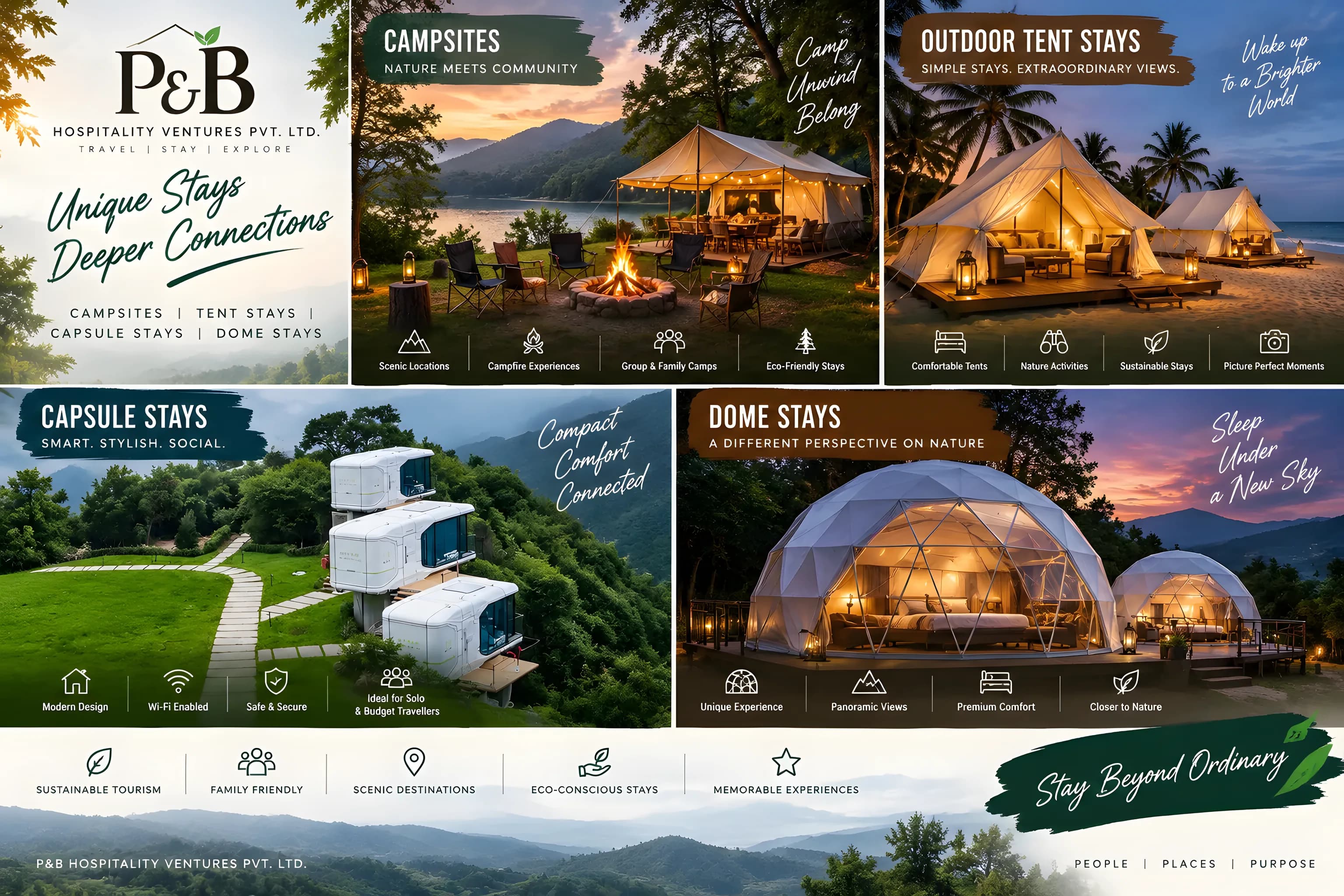P&B Unique Stays concept board with campsites, tents, capsules and domes