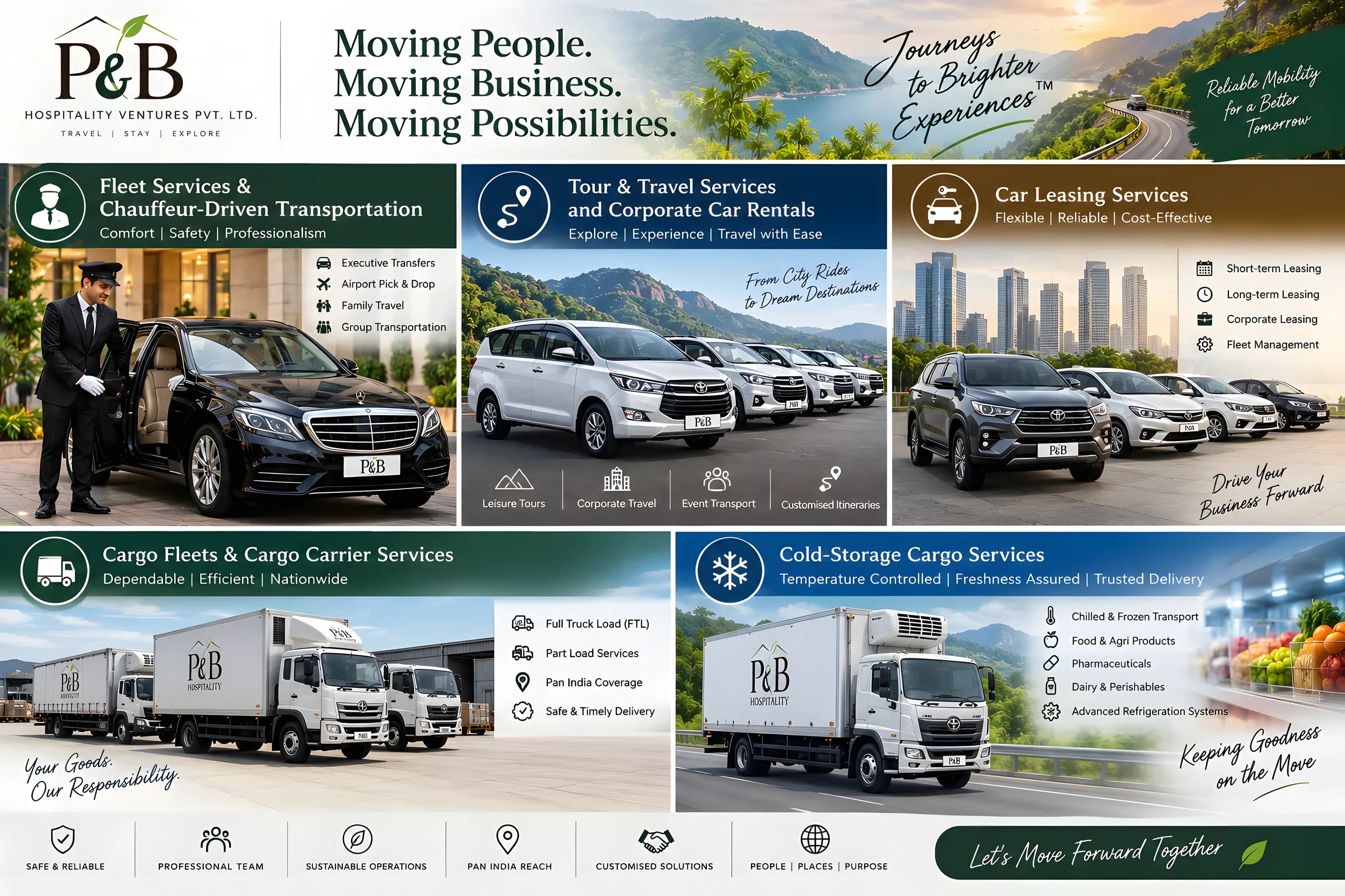 P&B Mobility Services concept board showing chauffeur, tour, leasing, cargo and cold-storage services