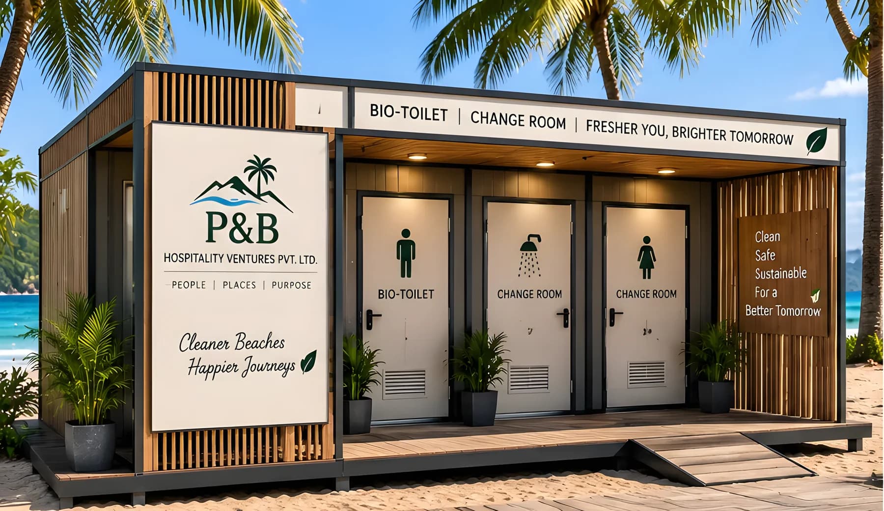Amenity unit with signage reading Cleaner Beaches, Happier Journeys