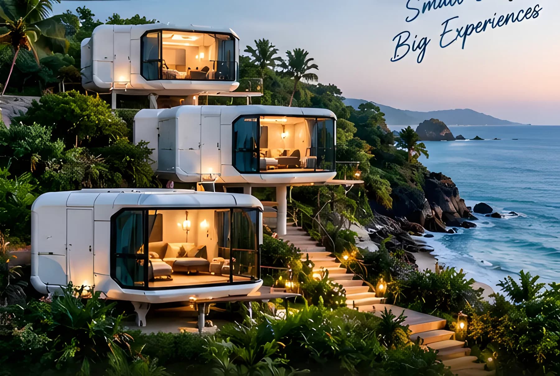 Capsule pods stacked on a coastal cliff