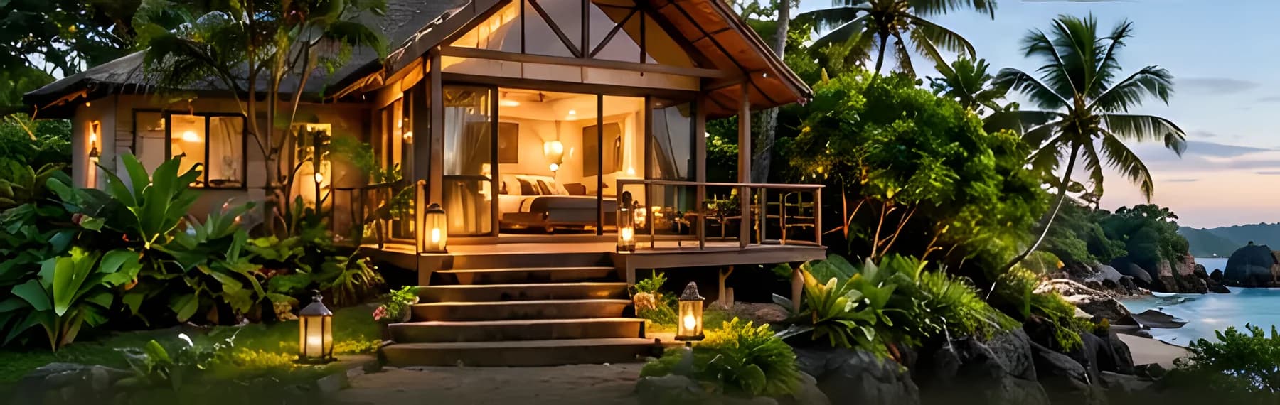 Timber cottage among palms above a rocky shore
