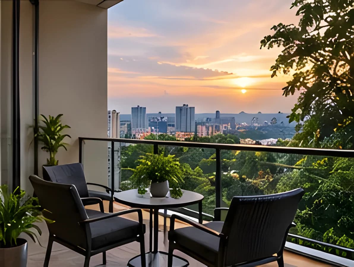 Balcony seating overlooking a city at sunset