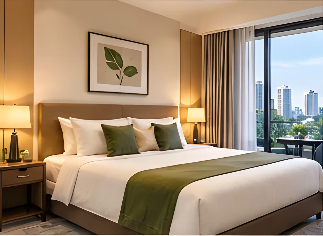 Bedroom with a green throw and city-view window