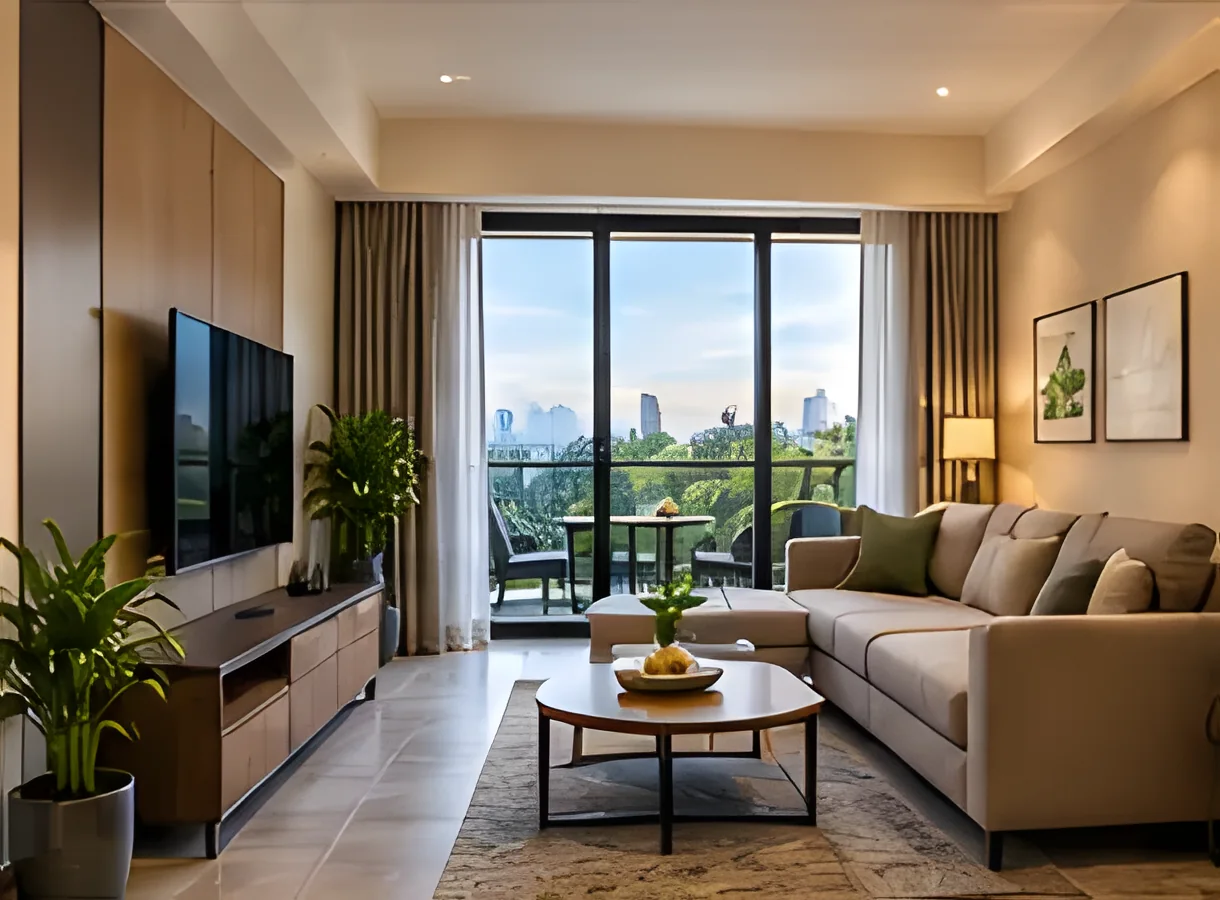 Lounge with sofa and large windows