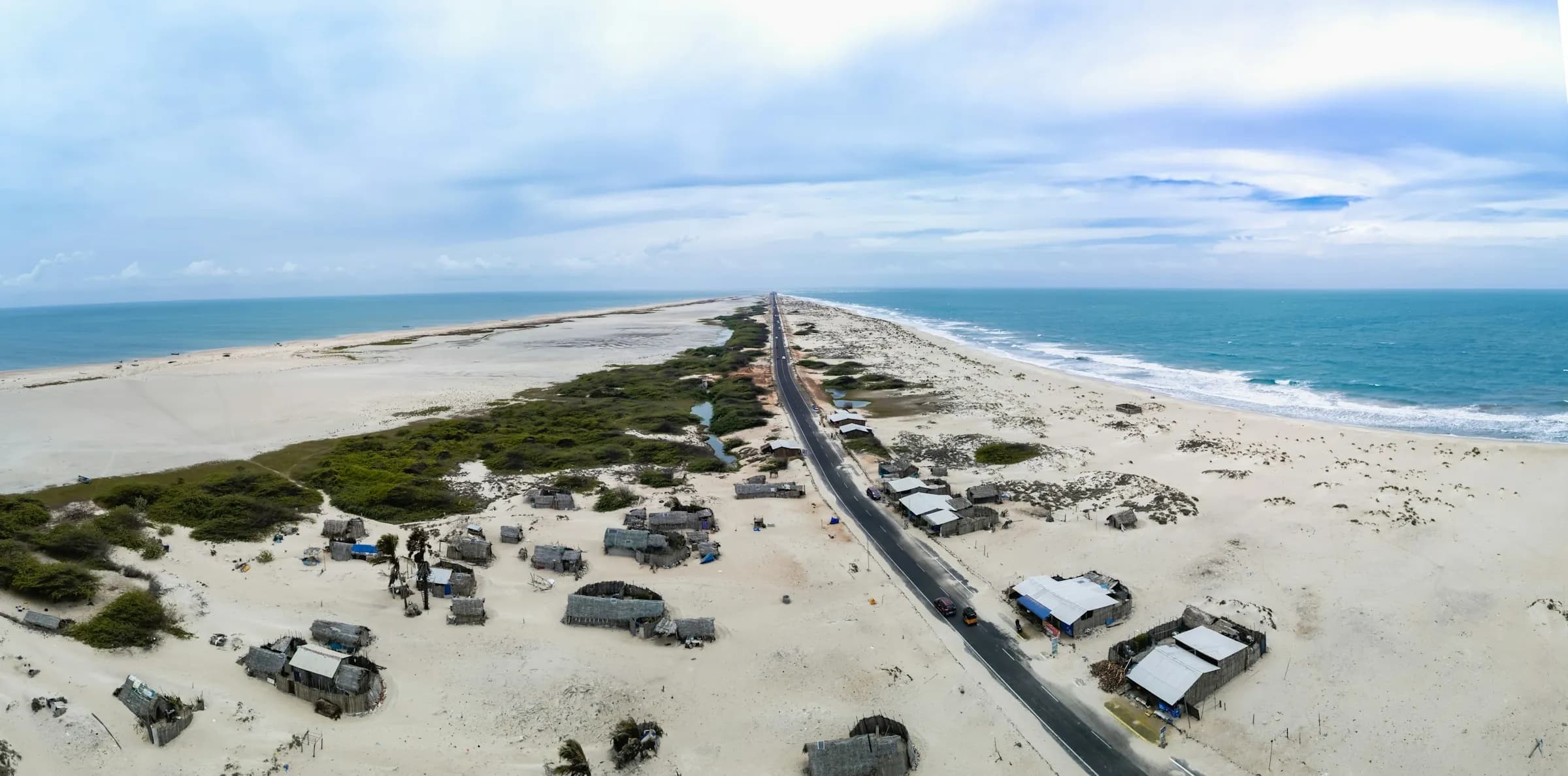 The road to Dhanushkodi running along a narrow sand spit between two seas