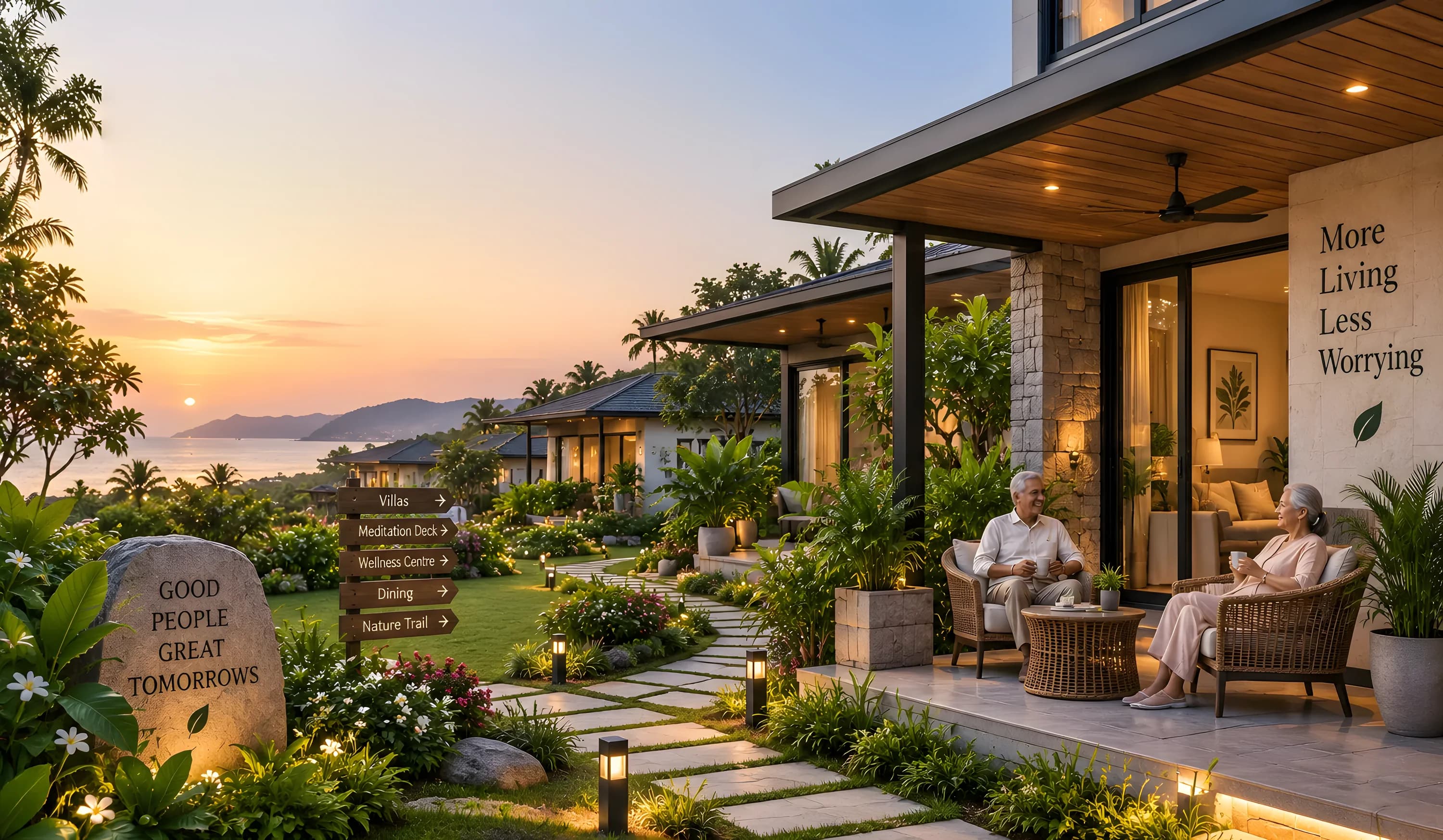 An older couple taking tea on the porch of a garden residence at sunset, with lit stone paths and the sea beyond