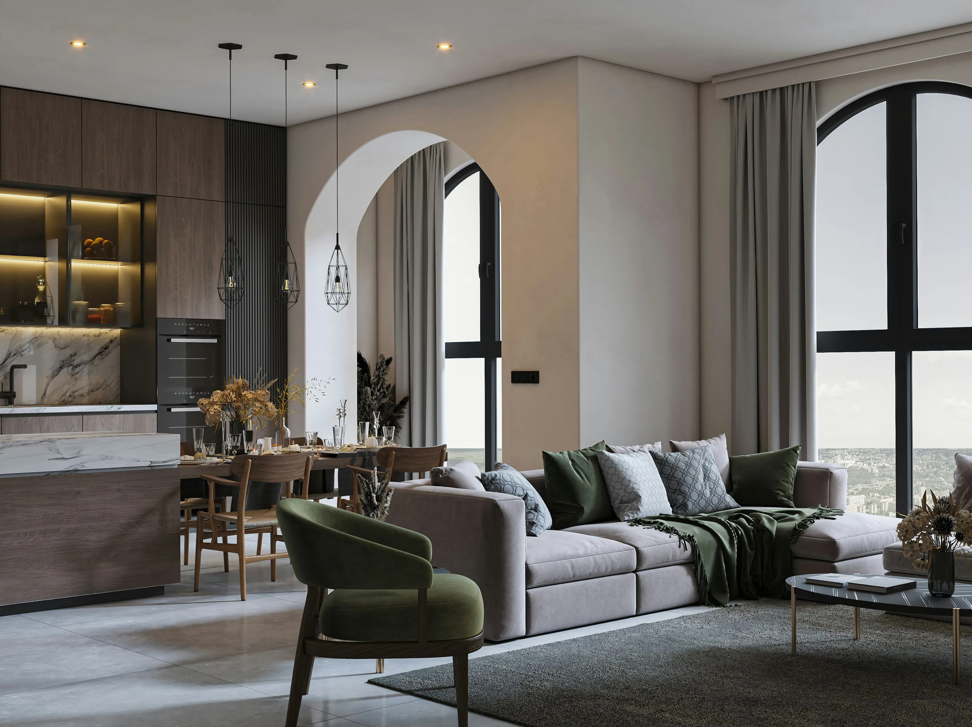 A furnished apartment living room with arched windows and an open kitchen
