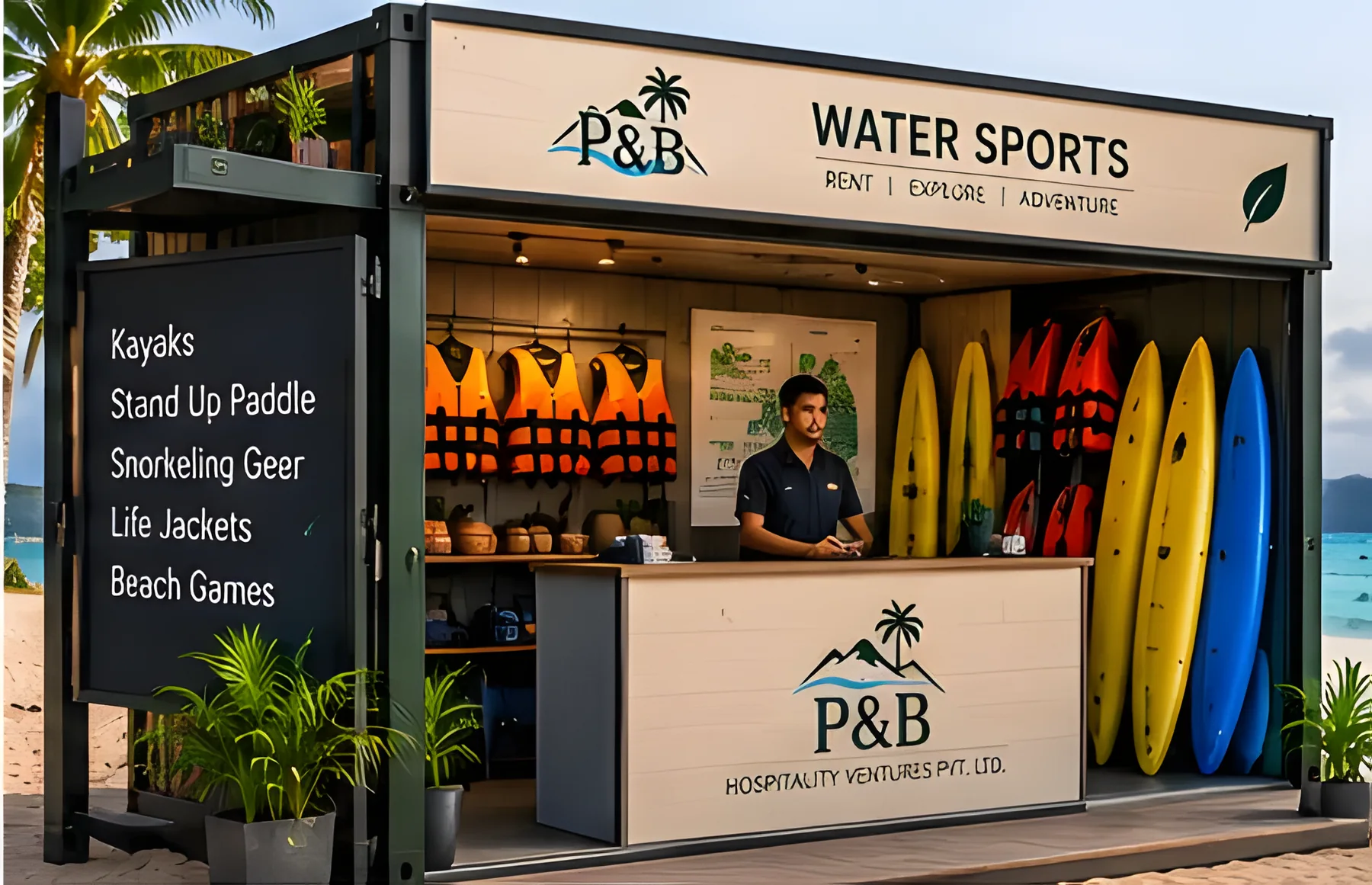 Container rental shop with surfboards and life jackets