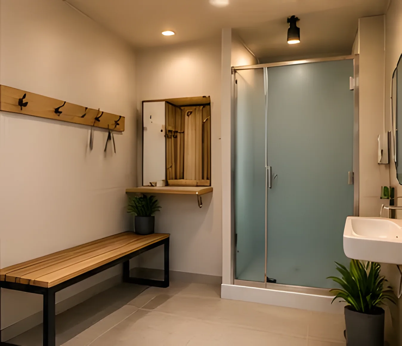 Change room with a bench, hooks and shower