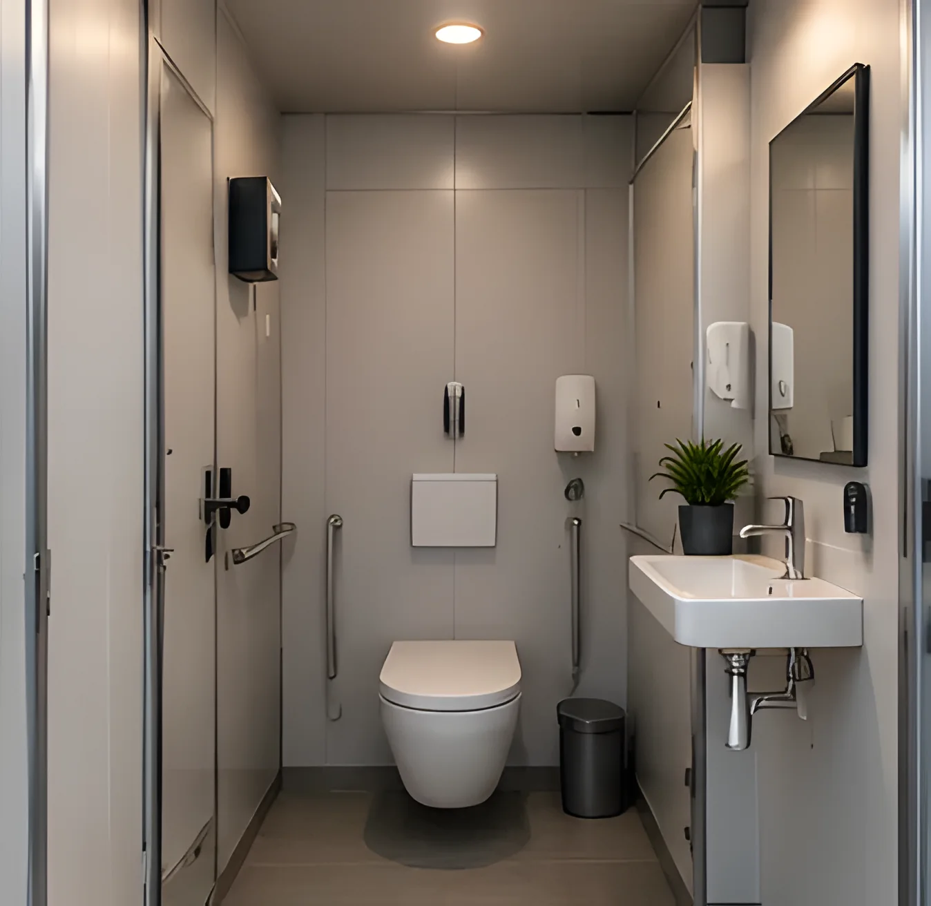 Clean bio-toilet interior with grab rails and basin