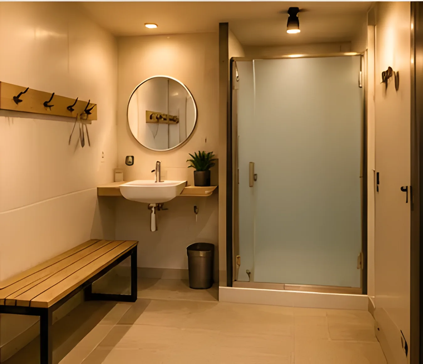 Change room with a mirror, bench and shower