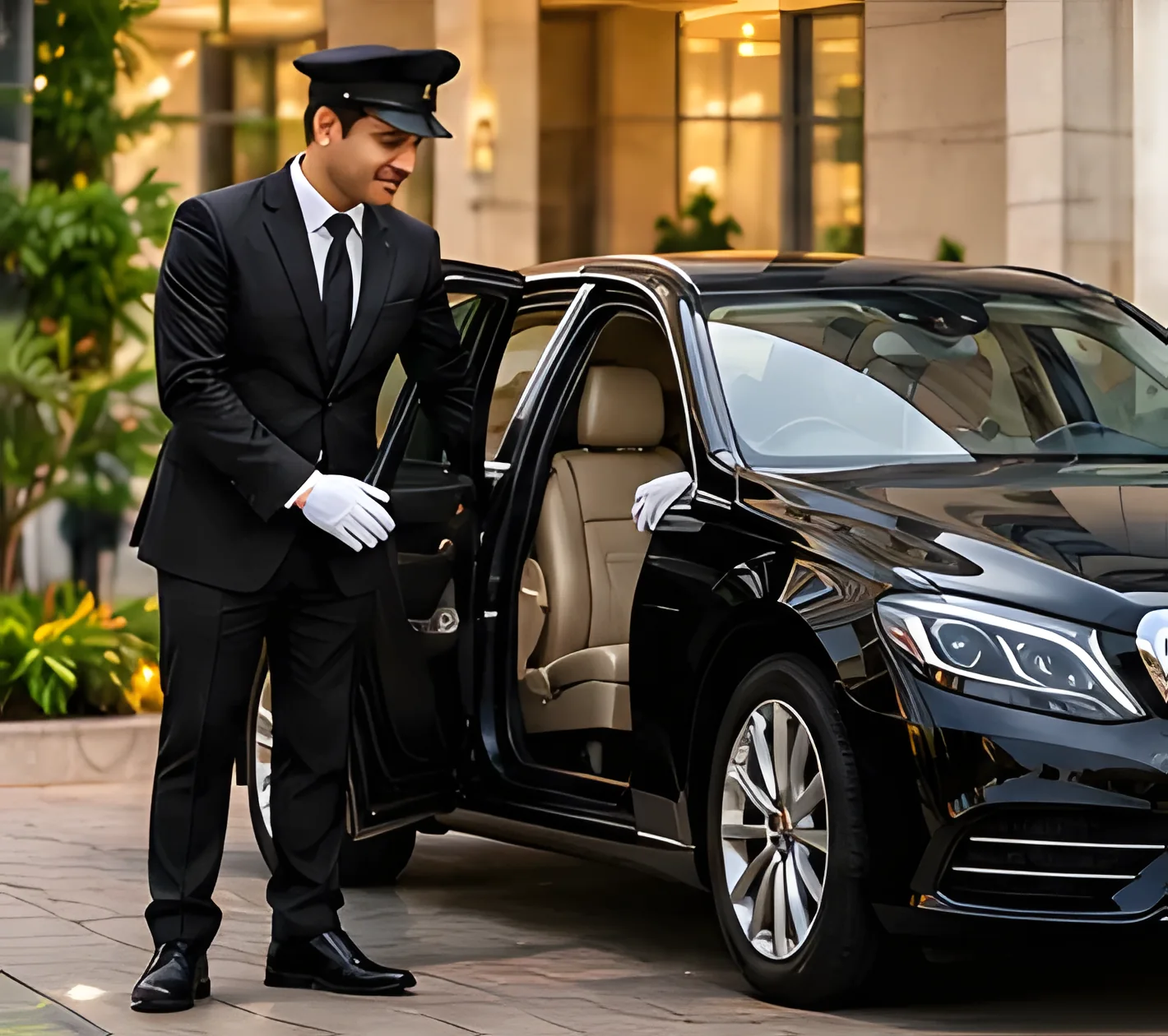 Uniformed chauffeur holding open the door of a black P&B sedan