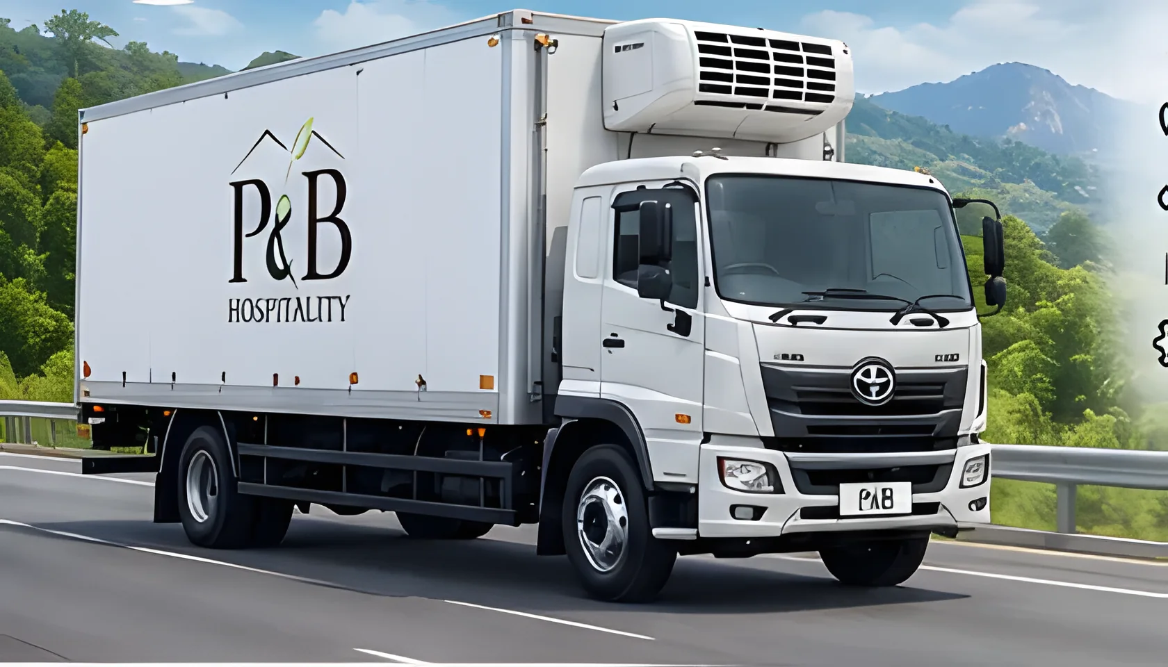 Refrigerated P&B truck on a highway beside green hills
