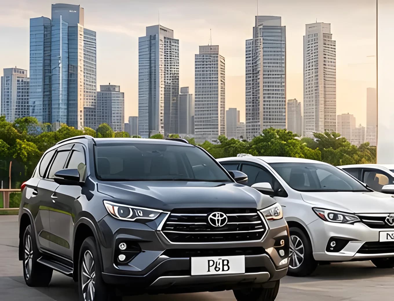 SUVs and sedans parked in front of a city skyline