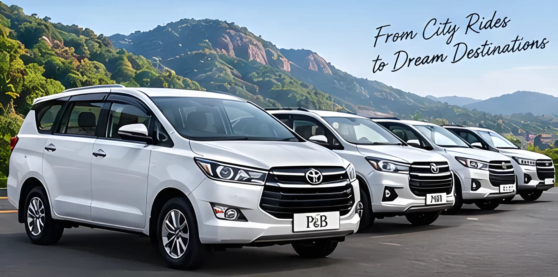 Row of white MPVs ready for corporate travel