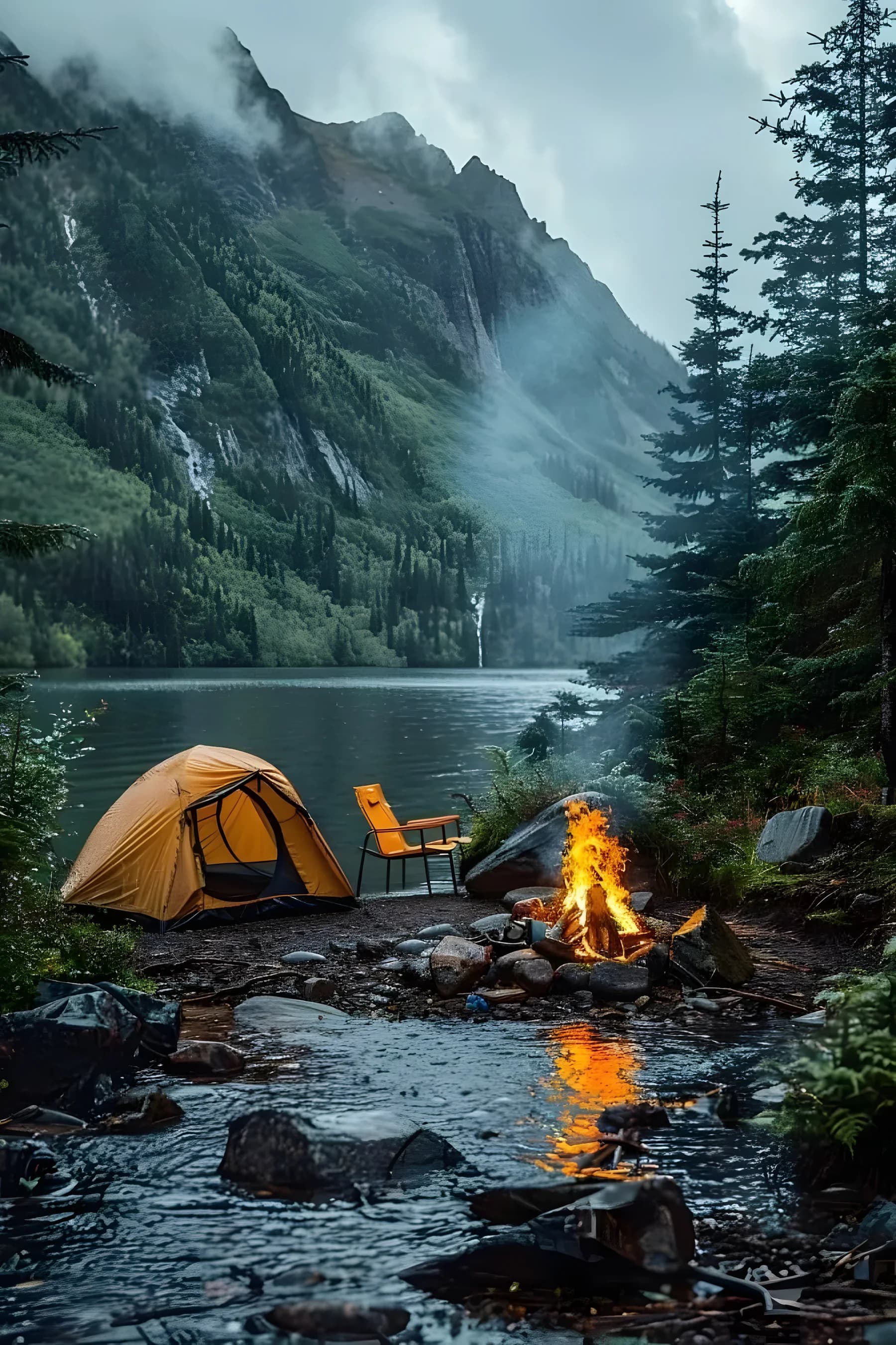 Tent and campfire beside a mountain lake