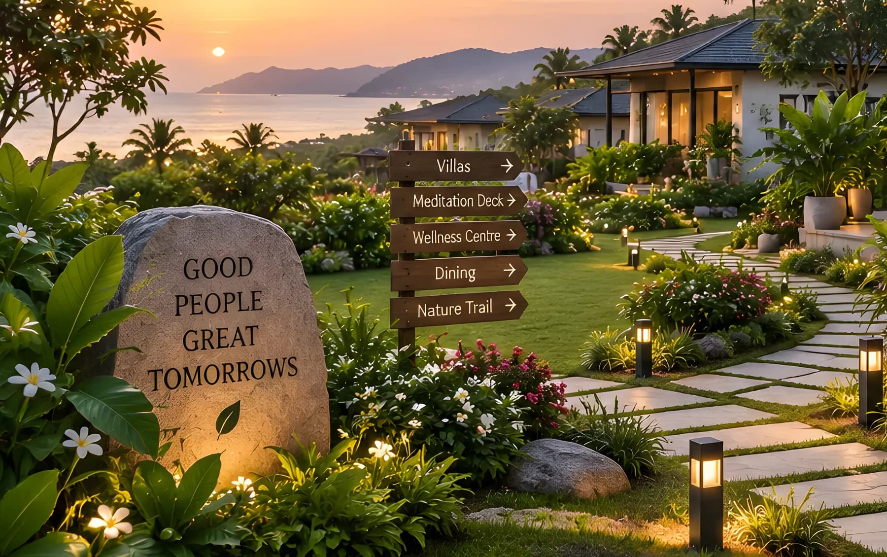 Garden path with lanterns leading to retirement villas