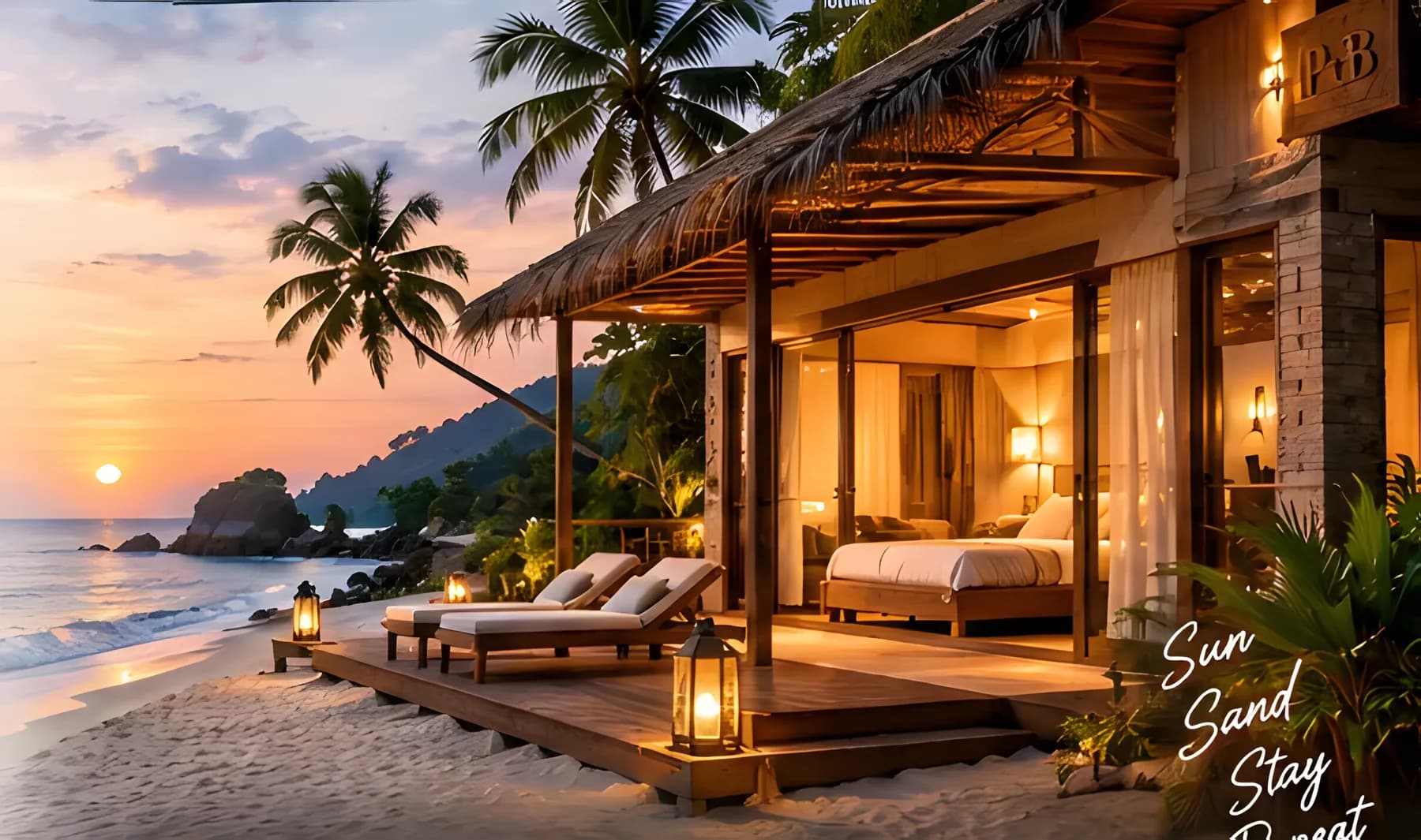 Thatched beach hut with loungers on the sand at sunset