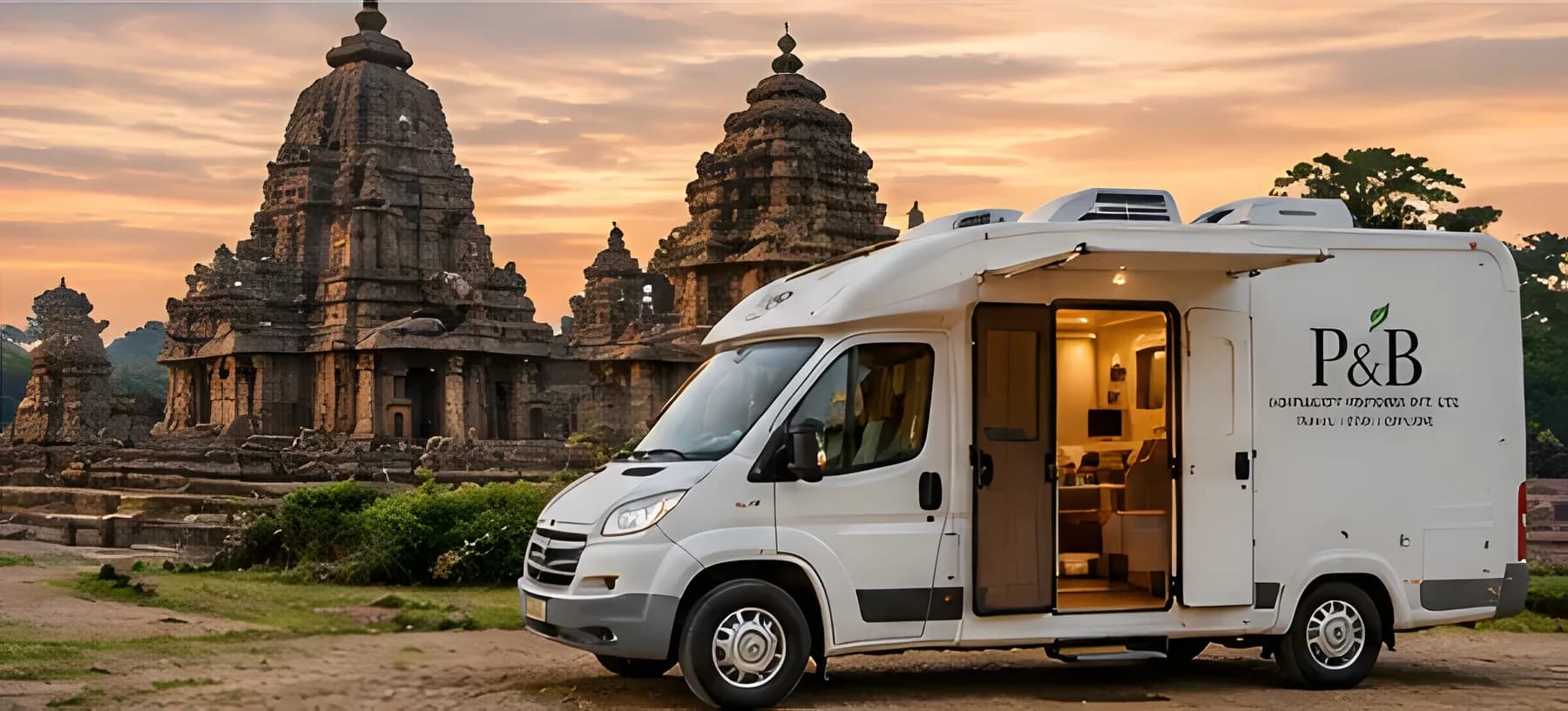 Campervan parked near ancient stone temples at dusk