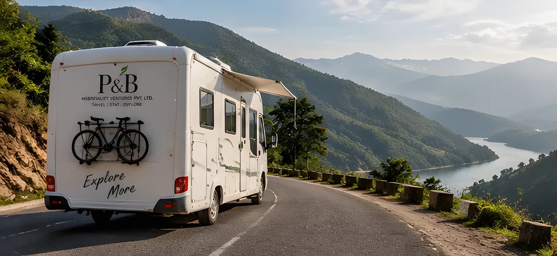 Caravan with bicycles driving a hill road above a river