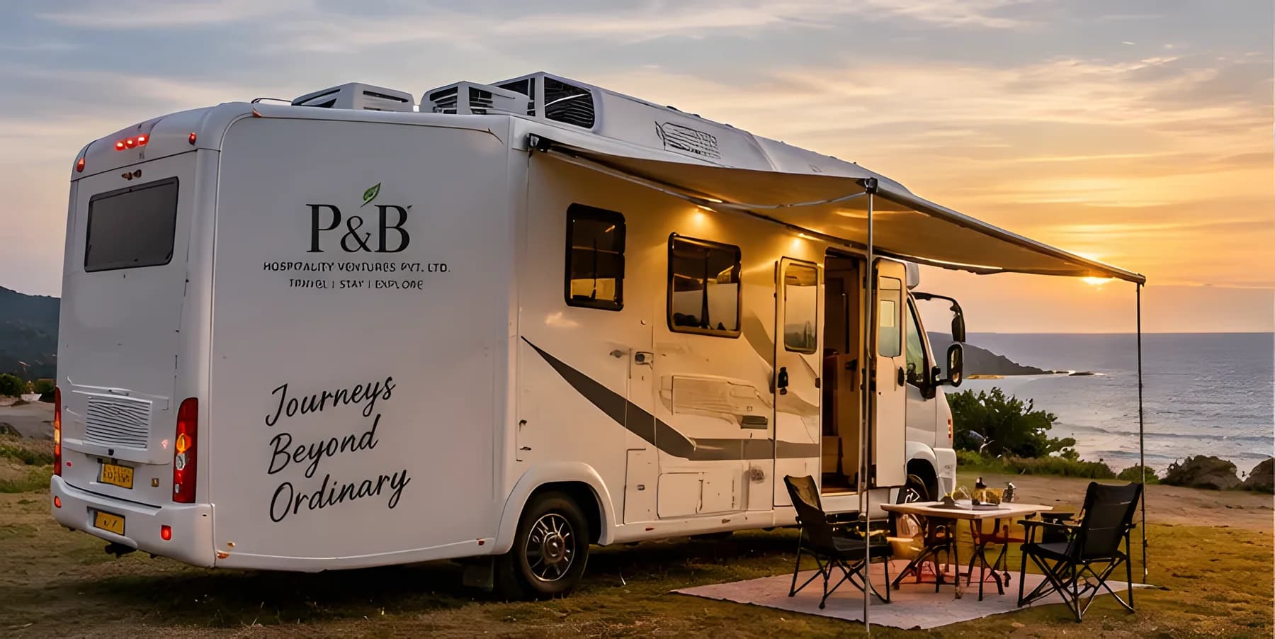 P&B caravan with its awning out on a clifftop at sunset
