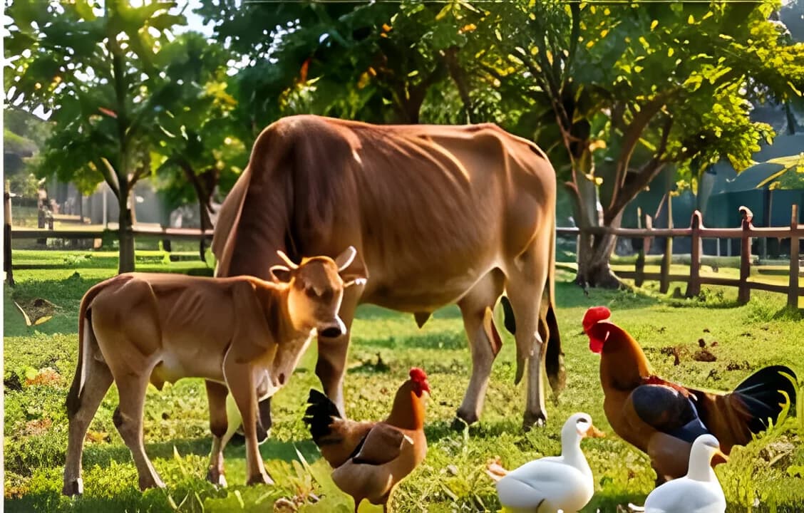 Cow and calf grazing with hens and ducks