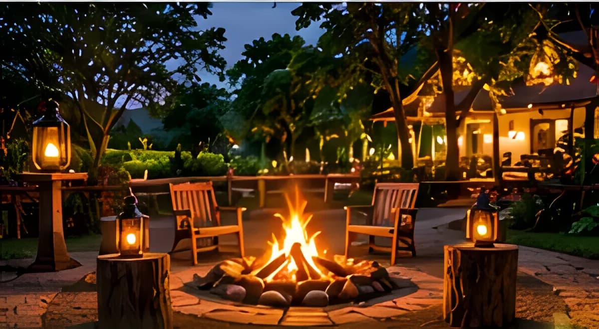 Campfire with chairs in the evening