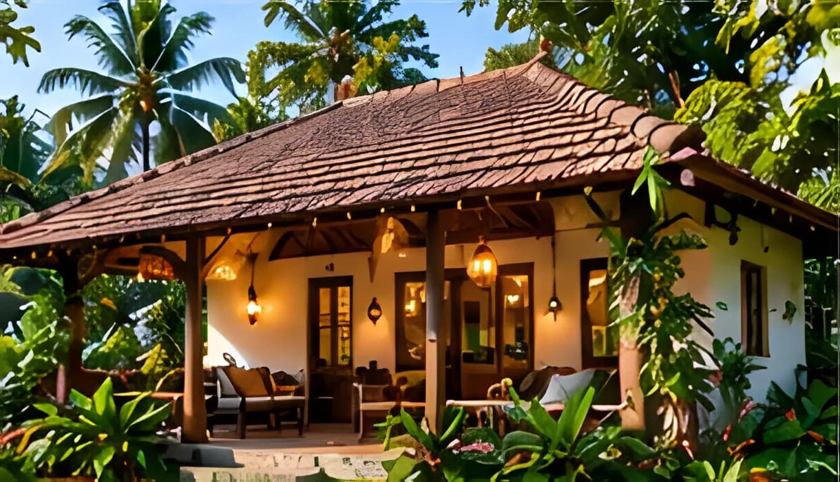 Farm cottage with a tiled roof among palms