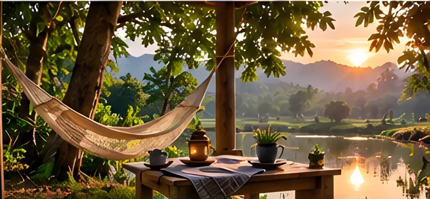 Hammock strung between trees at sunset