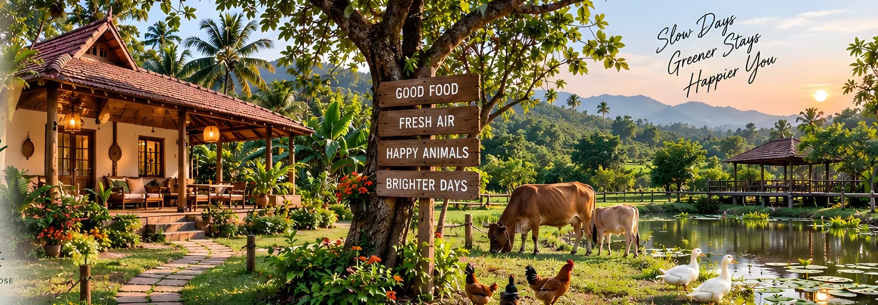 Farm cottage, grazing cattle and ducks beside a pond