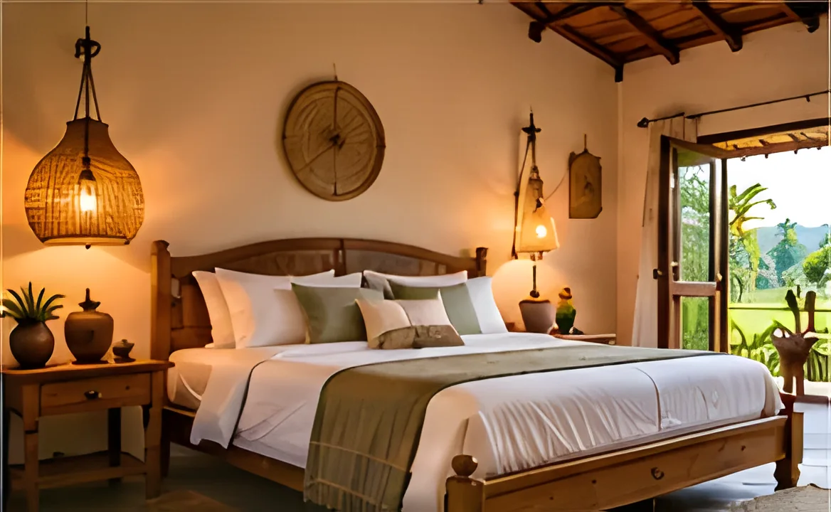 Bedroom with a carved wooden bed and lanterns