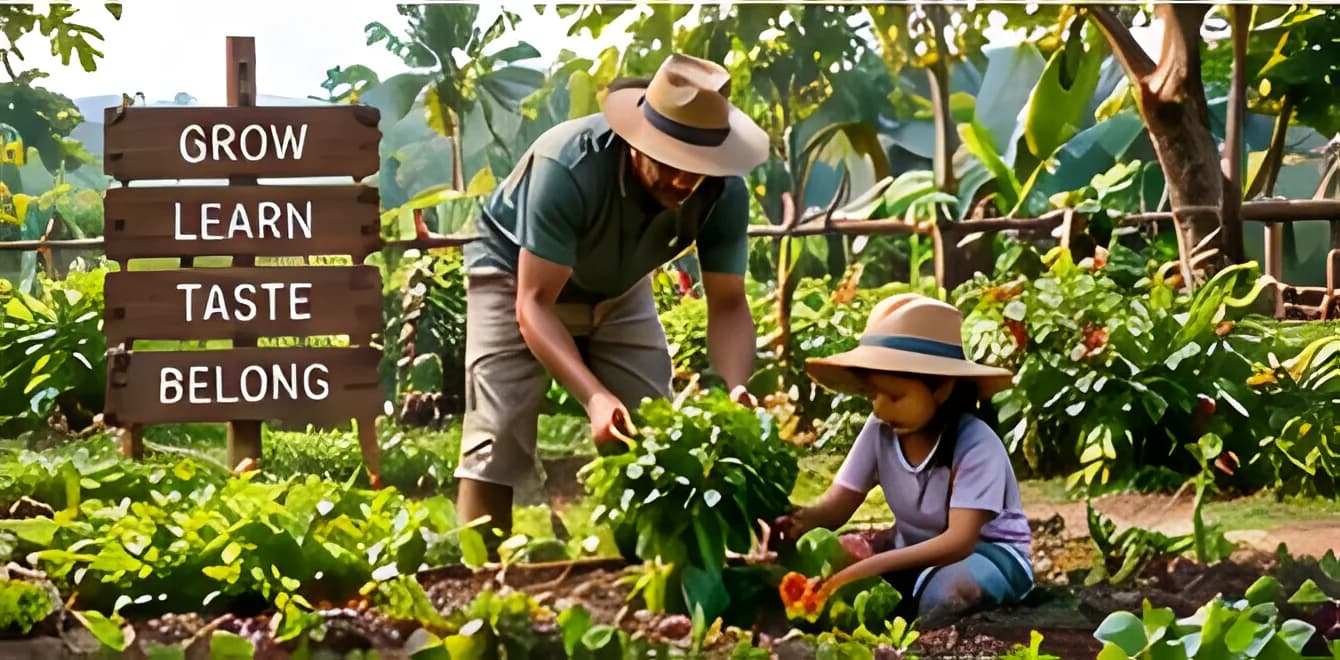 Parent and child tending vegetables in a farm garden