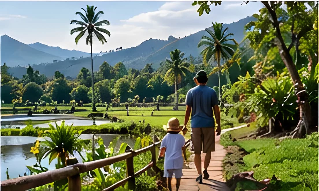 Parent and child on a nature walk between paddy fields
