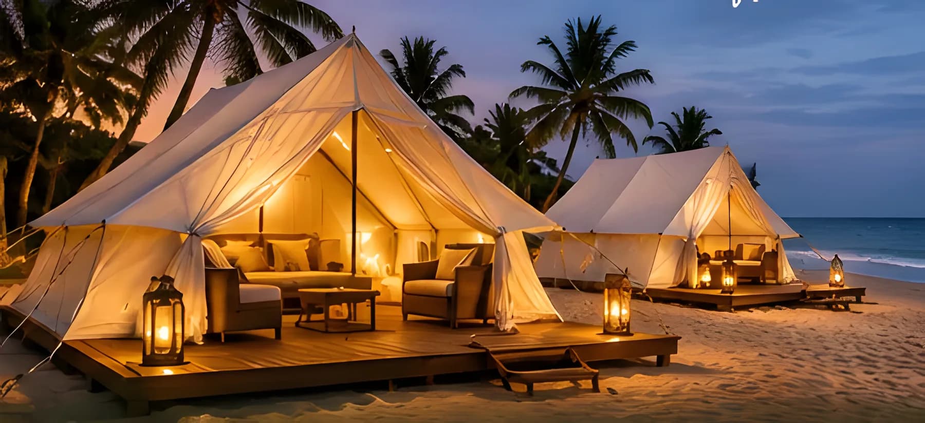 Lantern-lit furnished tents on timber decks