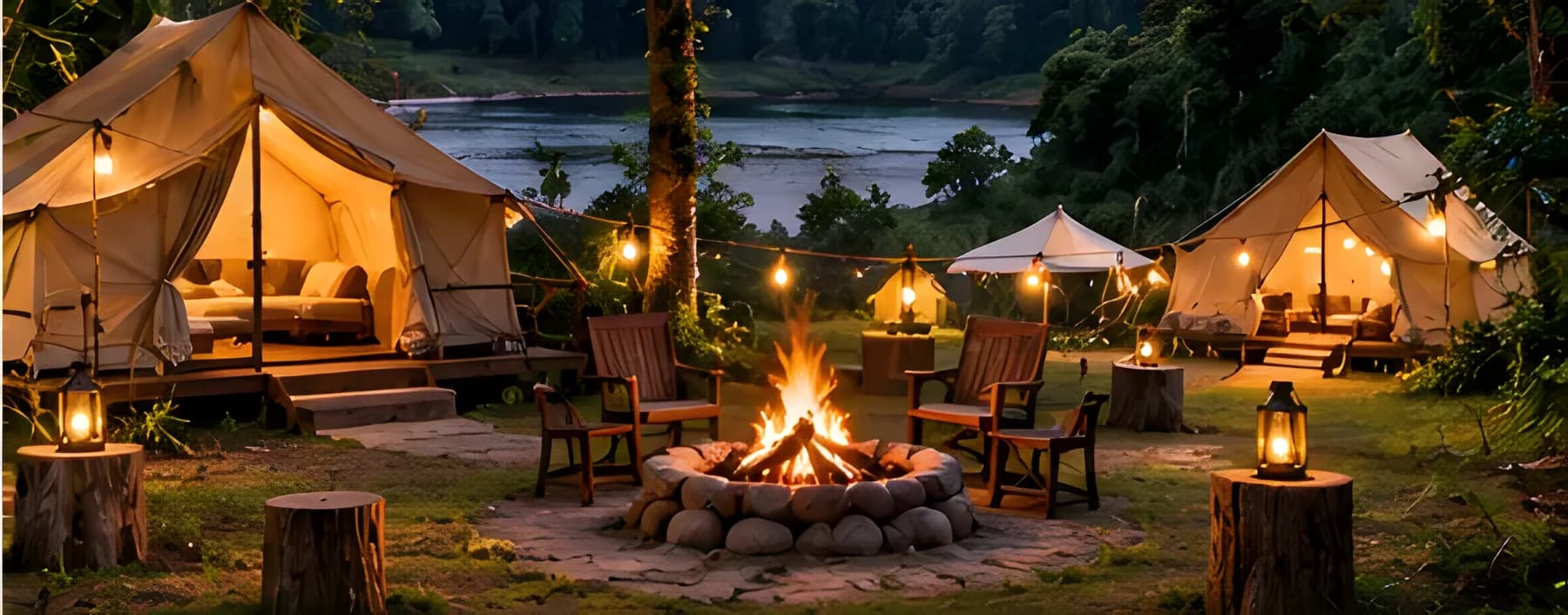 Canvas tents around a campfire by a forest river