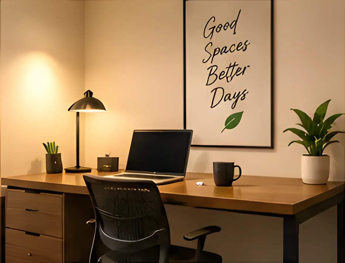 Quiet work desk with a lamp beside a window
