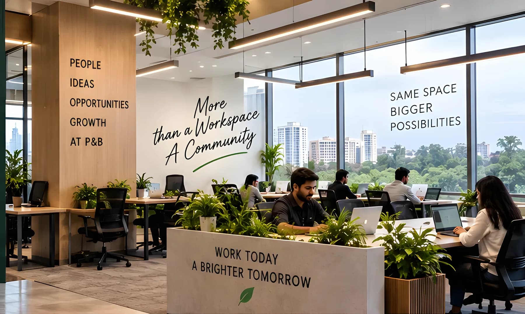 Co-working floor with planters, desks and city views