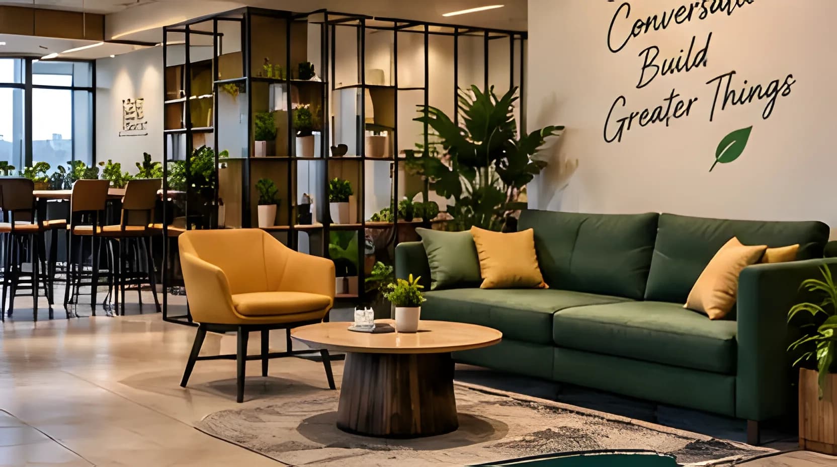 Lounge with green sofa and cafe shelving