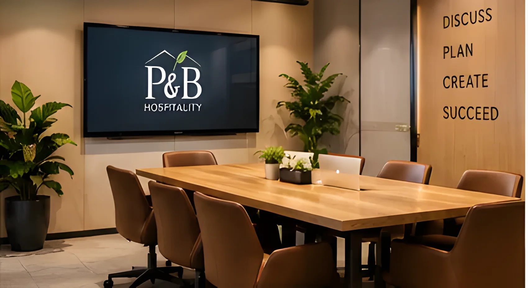 Conference room with a long timber table and screen